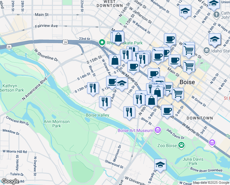 map of restaurants, bars, coffee shops, grocery stores, and more near 501 South Ash Street in Boise