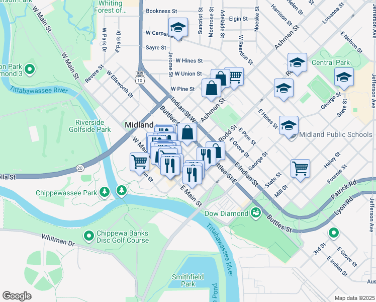 map of restaurants, bars, coffee shops, grocery stores, and more near 311 McDonald Street in Midland