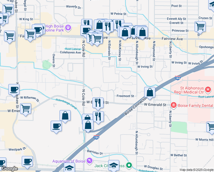 map of restaurants, bars, coffee shops, grocery stores, and more near 1021 Camelot Dr in Boise