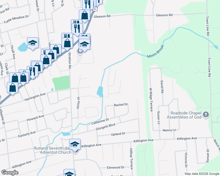 map of restaurants, bars, coffee shops, grocery stores, and more near 6 Charter Hill Drive in Rutland
