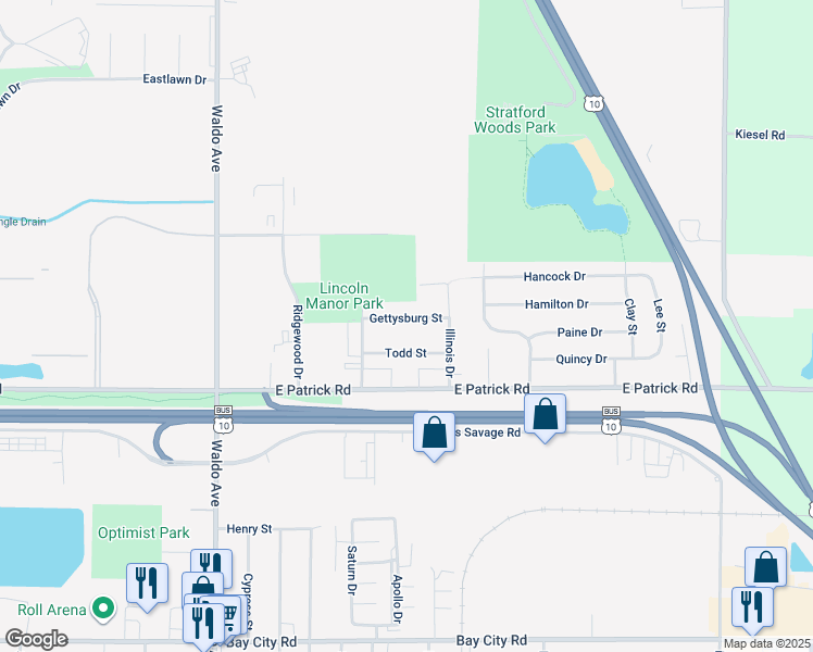 map of restaurants, bars, coffee shops, grocery stores, and more near 3824 Gettysburg Street in Midland
