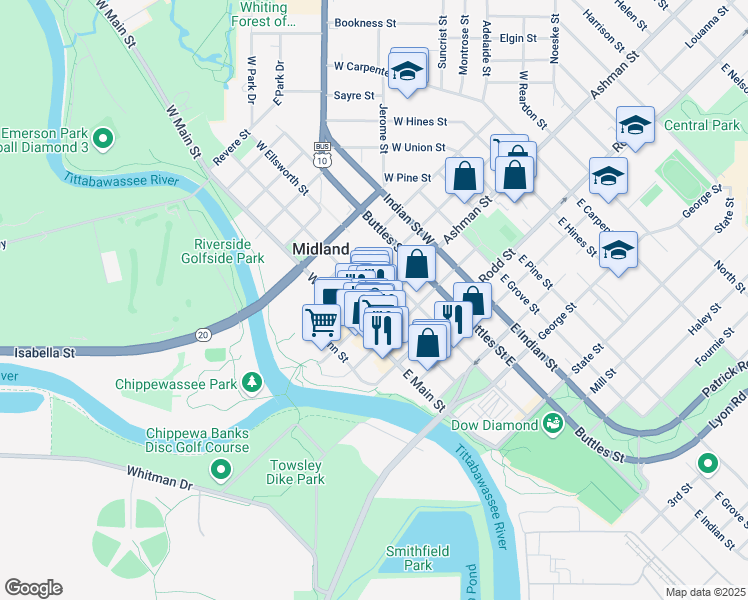 map of restaurants, bars, coffee shops, grocery stores, and more near 130 W Larkin St in Midland