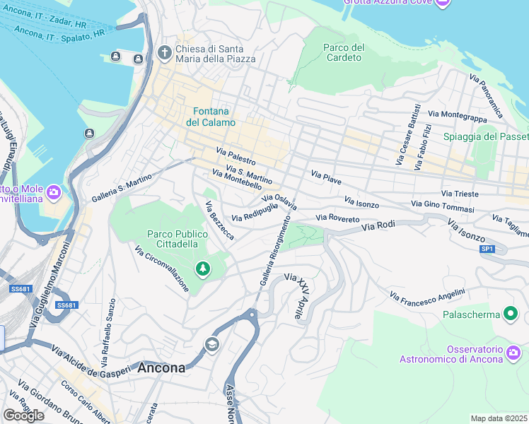 map of restaurants, bars, coffee shops, grocery stores, and more near 35 Via Redipuglia in Ancona