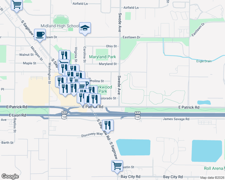 map of restaurants, bars, coffee shops, grocery stores, and more near 1416 Iowa Street in Midland