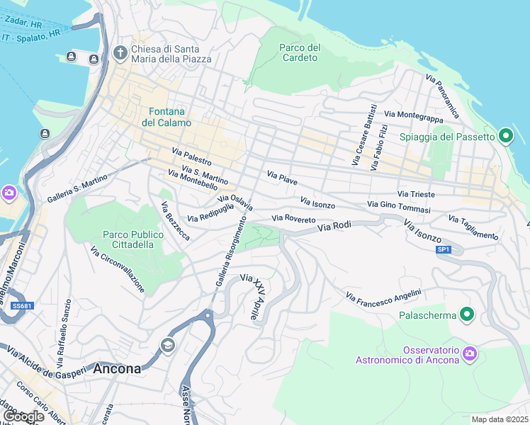 map of restaurants, bars, coffee shops, grocery stores, and more near 25 Via Redipuglia in Ancona