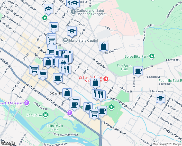 map of restaurants, bars, coffee shops, grocery stores, and more near 330 North 2nd Street in Boise