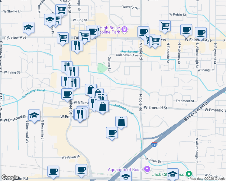 map of restaurants, bars, coffee shops, grocery stores, and more near 7755 West Preece Drive in Boise