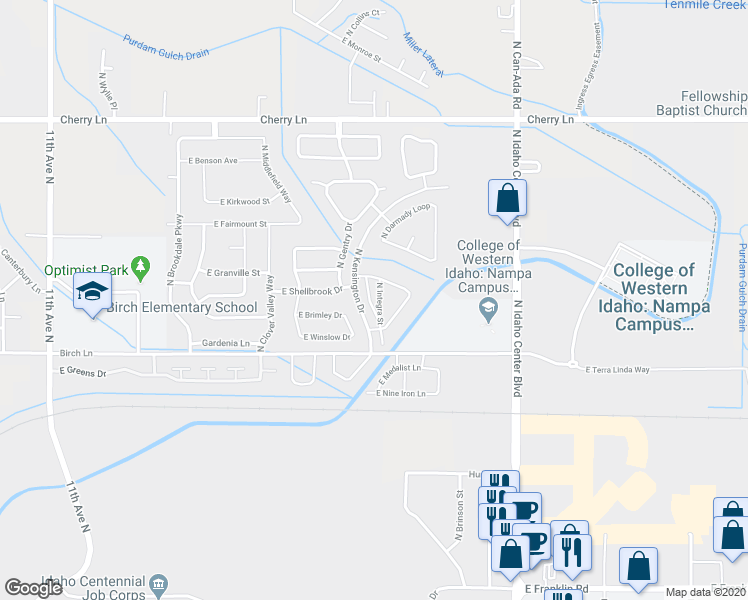 map of restaurants, bars, coffee shops, grocery stores, and more near 16593 North Amtrust Street in Nampa