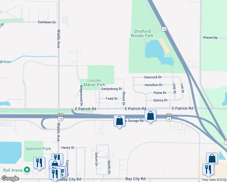 map of restaurants, bars, coffee shops, grocery stores, and more near 3824 Gettysburg Street in Midland