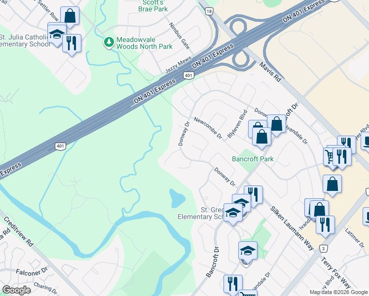 map of restaurants, bars, coffee shops, grocery stores, and more near 6403 Donway Drive in Mississauga