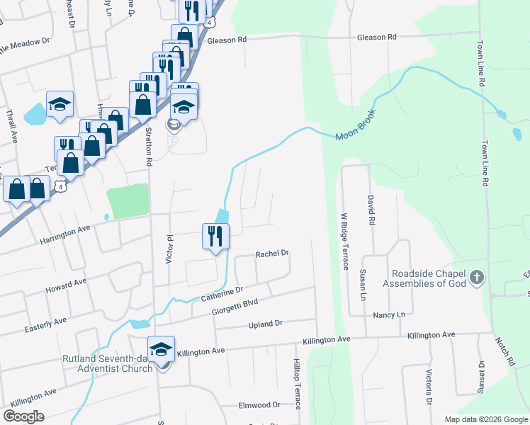 map of restaurants, bars, coffee shops, grocery stores, and more near 1 Ridgewood Lane in Rutland