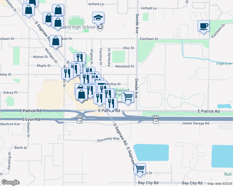 map of restaurants, bars, coffee shops, grocery stores, and more near 1419 Iowa Street in Midland