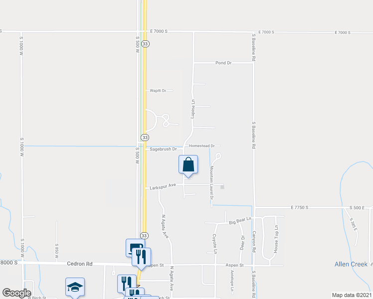 map of restaurants, bars, coffee shops, grocery stores, and more near 7527 Lupine Lane in Victor