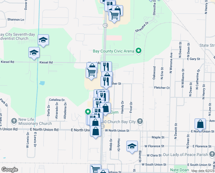 map of restaurants, bars, coffee shops, grocery stores, and more near 950 North Euclid Avenue in Bay City