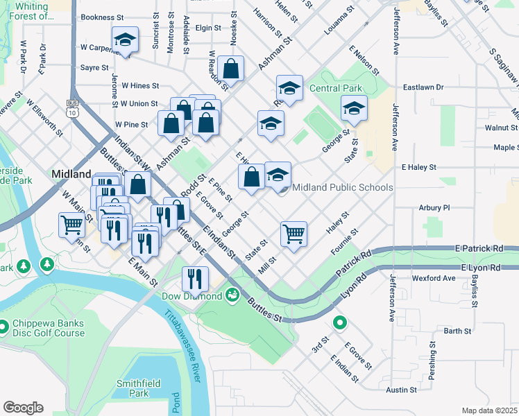 map of restaurants, bars, coffee shops, grocery stores, and more near 614 East Union Street in Midland