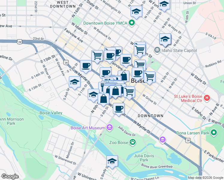 map of restaurants, bars, coffee shops, grocery stores, and more near 398 South 9th Street in Boise