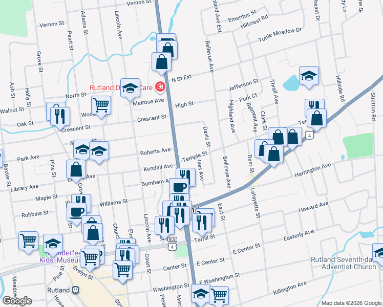 map of restaurants, bars, coffee shops, grocery stores, and more near 9 Temple Street in Rutland