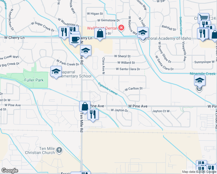 map of restaurants, bars, coffee shops, grocery stores, and more near 1020 North Clara Avenue in Meridian