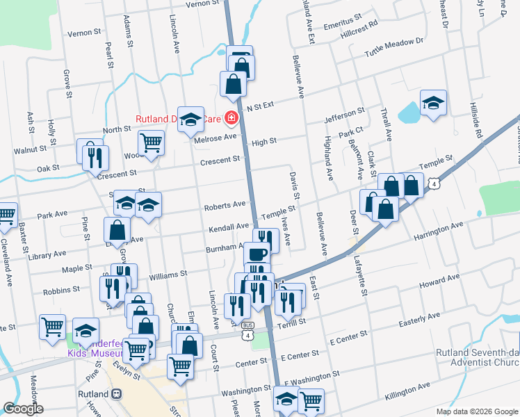 map of restaurants, bars, coffee shops, grocery stores, and more near 77 North Main Street in Rutland