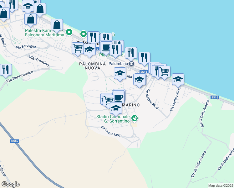 map of restaurants, bars, coffee shops, grocery stores, and more near 36 Via Alessandro Volta in Ancona
