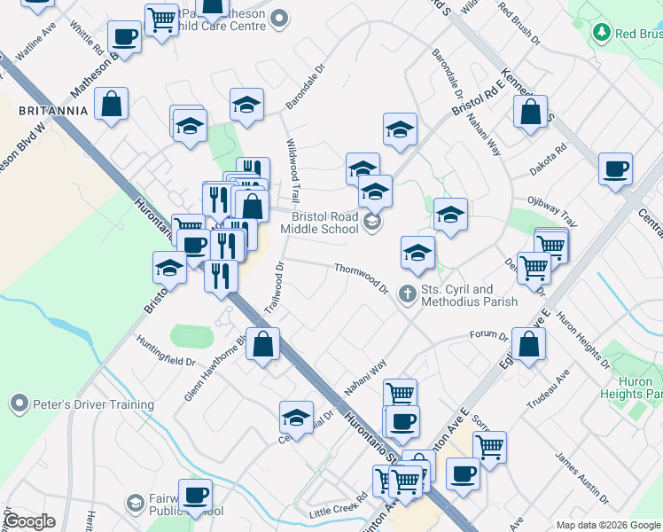 map of restaurants, bars, coffee shops, grocery stores, and more near 128 Palomino Drive in Mississauga