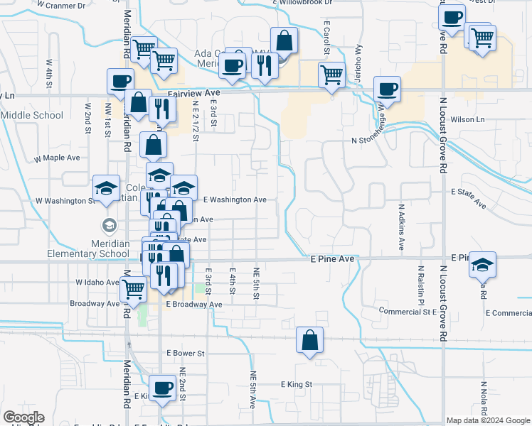 map of restaurants, bars, coffee shops, grocery stores, and more near 512 East Carlton Avenue in Meridian