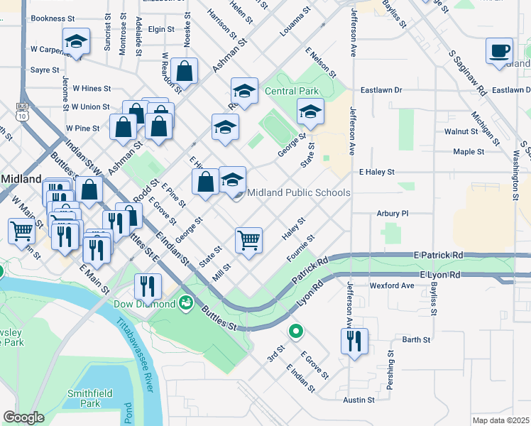 map of restaurants, bars, coffee shops, grocery stores, and more near 806 East Carpenter Street in Midland