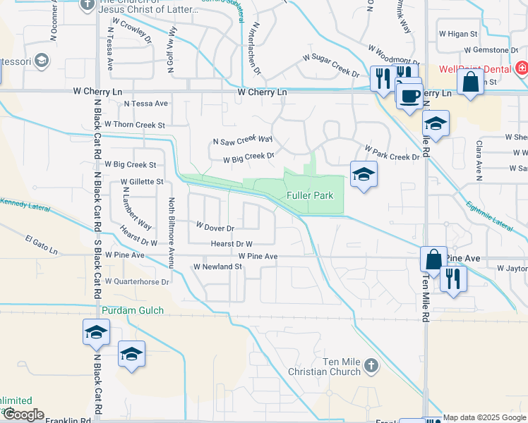 map of restaurants, bars, coffee shops, grocery stores, and more near 1024 North Scotney Avenue in Meridian