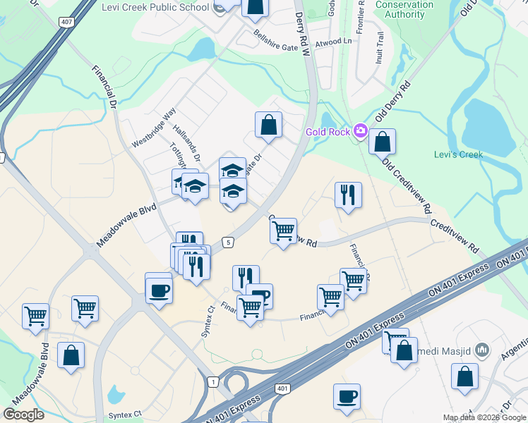 map of restaurants, bars, coffee shops, grocery stores, and more near 8930 Creditview Road in Mississauga