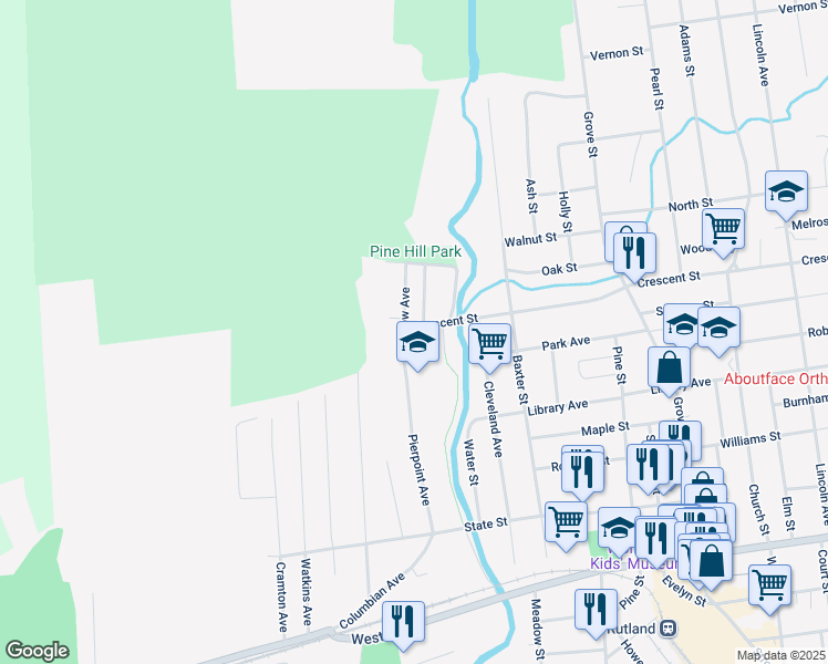 map of restaurants, bars, coffee shops, grocery stores, and more near 194 Crescent Street in Rutland
