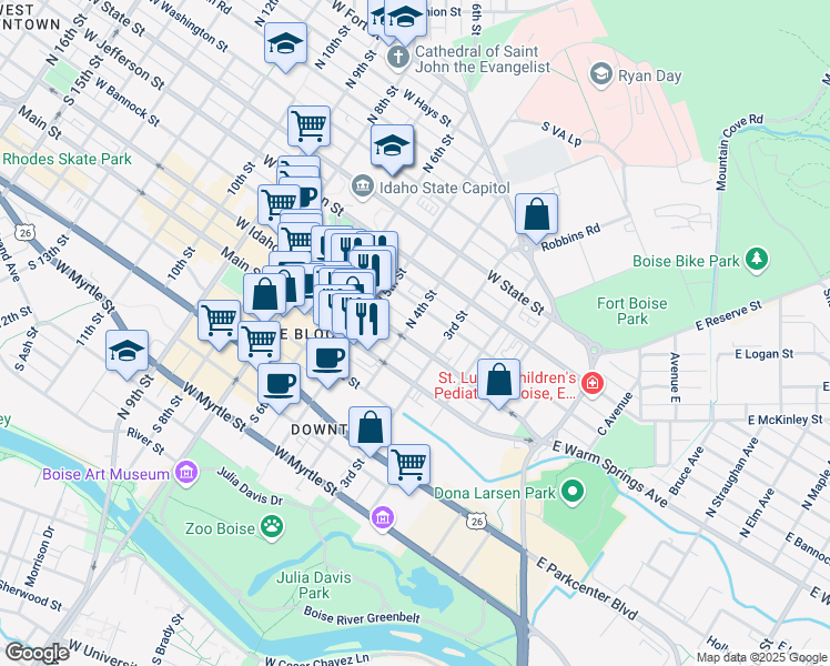 map of restaurants, bars, coffee shops, grocery stores, and more near 200 North 4th Street in Boise