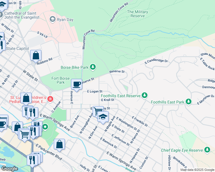 map of restaurants, bars, coffee shops, grocery stores, and more near 670 Avenue H in Boise