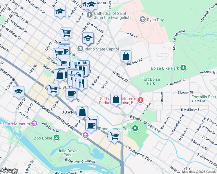 map of restaurants, bars, coffee shops, grocery stores, and more near 214 West Bannock Street in Boise