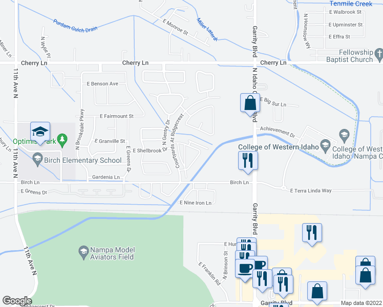 map of restaurants, bars, coffee shops, grocery stores, and more near 16575 North Investor Loop in Nampa
