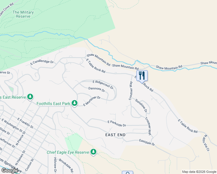 map of restaurants, bars, coffee shops, grocery stores, and more near 2101 Ridgecrest Drive in Boise