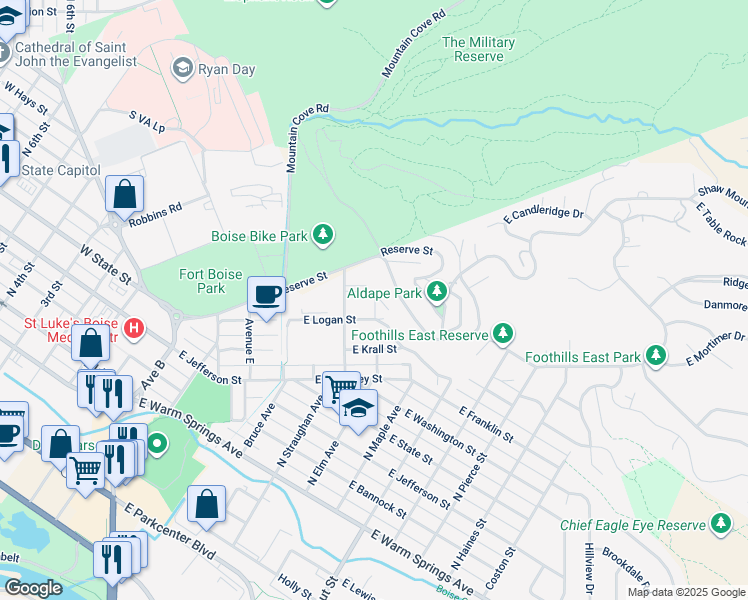 map of restaurants, bars, coffee shops, grocery stores, and more near 670 Avenue H in Boise