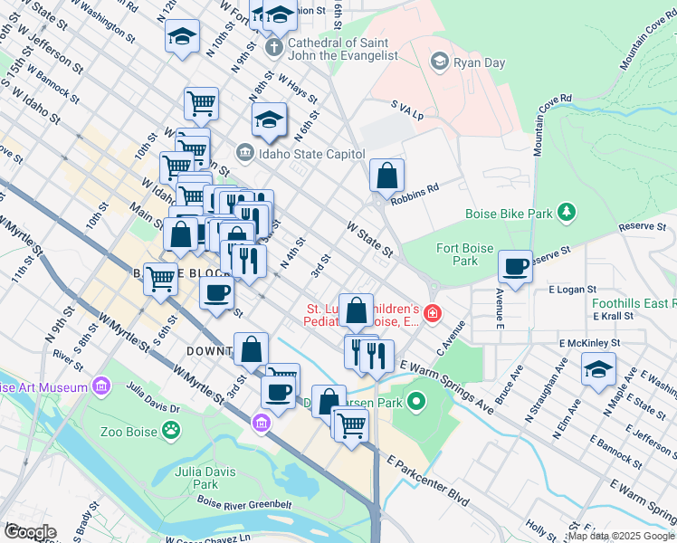 map of restaurants, bars, coffee shops, grocery stores, and more near 330 North 2nd Street in Boise