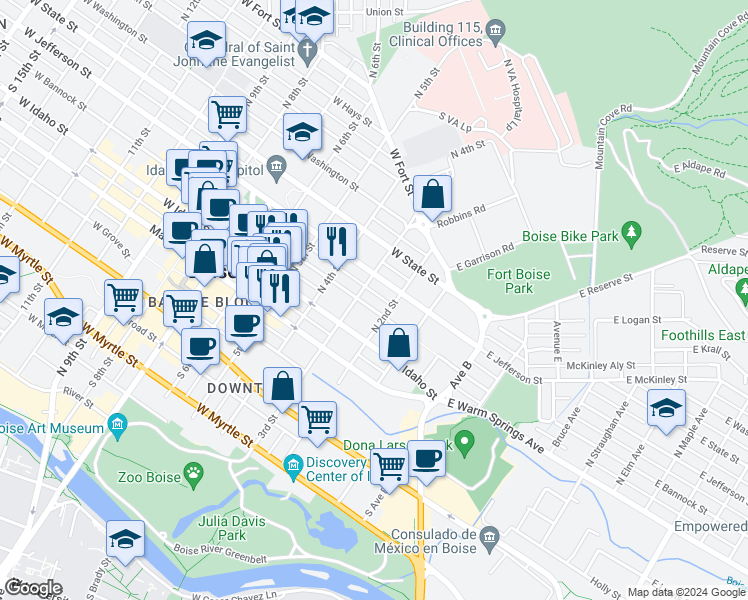 map of restaurants, bars, coffee shops, grocery stores, and more near 222 West Bannock Street in Boise