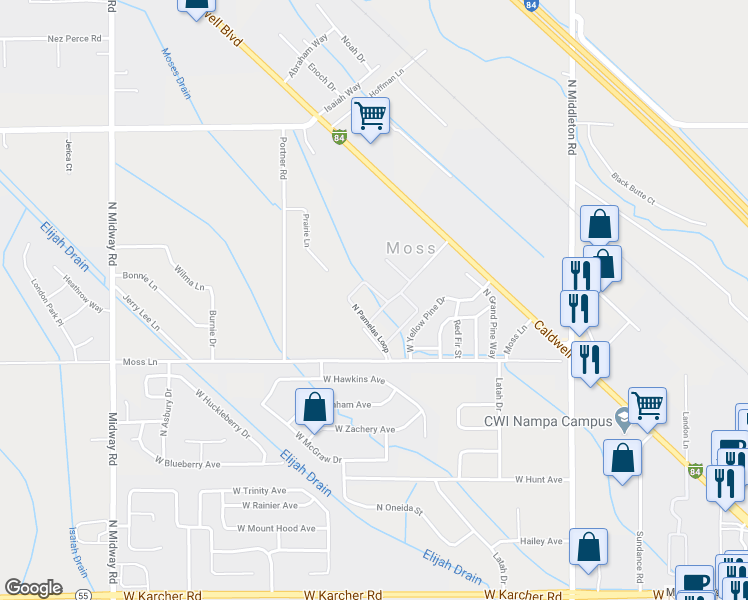 map of restaurants, bars, coffee shops, grocery stores, and more near 16707 North Pamelas Loop in Nampa