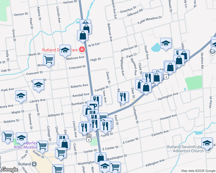 map of restaurants, bars, coffee shops, grocery stores, and more near in Rutland