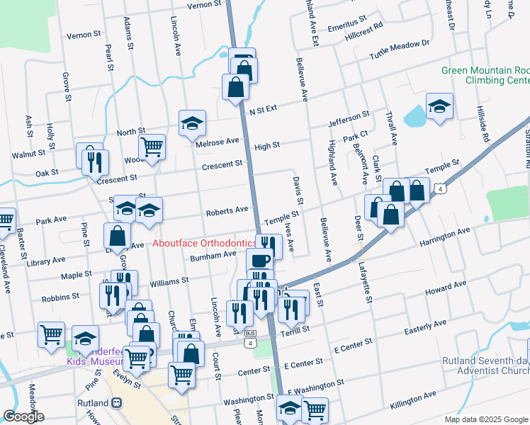 map of restaurants, bars, coffee shops, grocery stores, and more near 77 North Main Street in Rutland