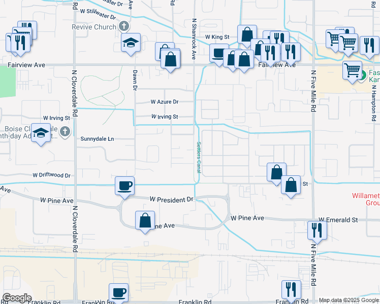 map of restaurants, bars, coffee shops, grocery stores, and more near 1001 North Shamrock Avenue in Boise