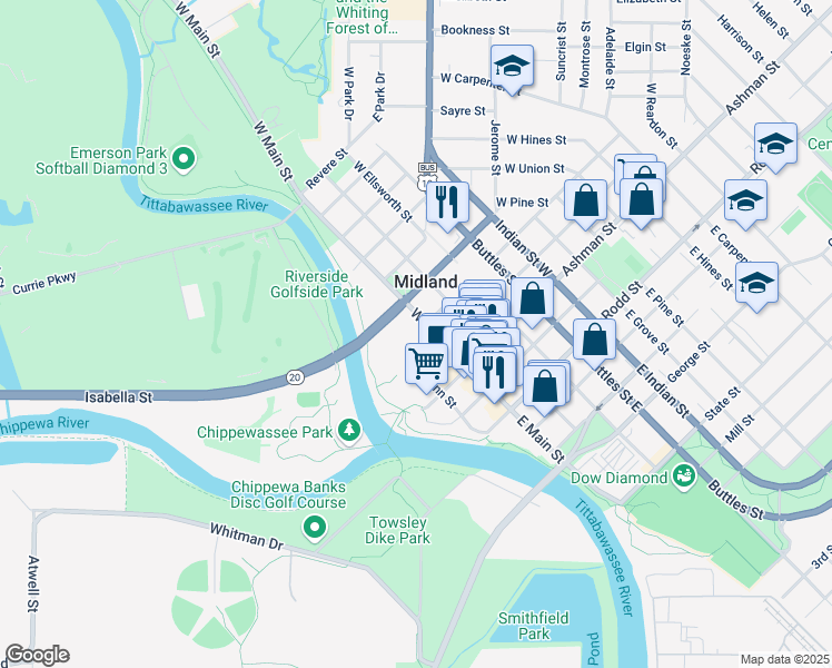 map of restaurants, bars, coffee shops, grocery stores, and more near 301 West Main Street in Midland