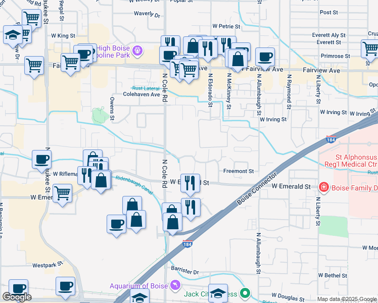 map of restaurants, bars, coffee shops, grocery stores, and more near 7248 West Cascade Street in Boise