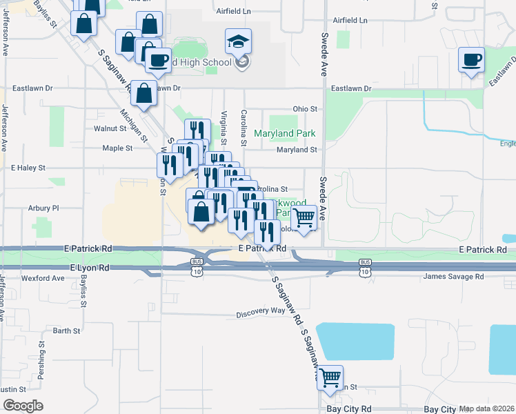 map of restaurants, bars, coffee shops, grocery stores, and more near 1309 Colorado Court in Midland