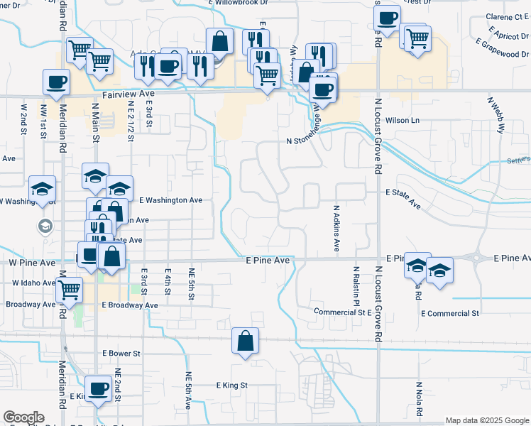 map of restaurants, bars, coffee shops, grocery stores, and more near 996 East Ashford Street in Meridian