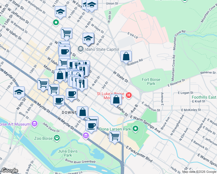 map of restaurants, bars, coffee shops, grocery stores, and more near 214 West Bannock Street in Boise