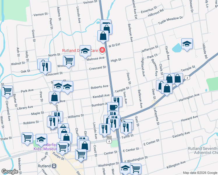 map of restaurants, bars, coffee shops, grocery stores, and more near 77 North Main Street in Rutland