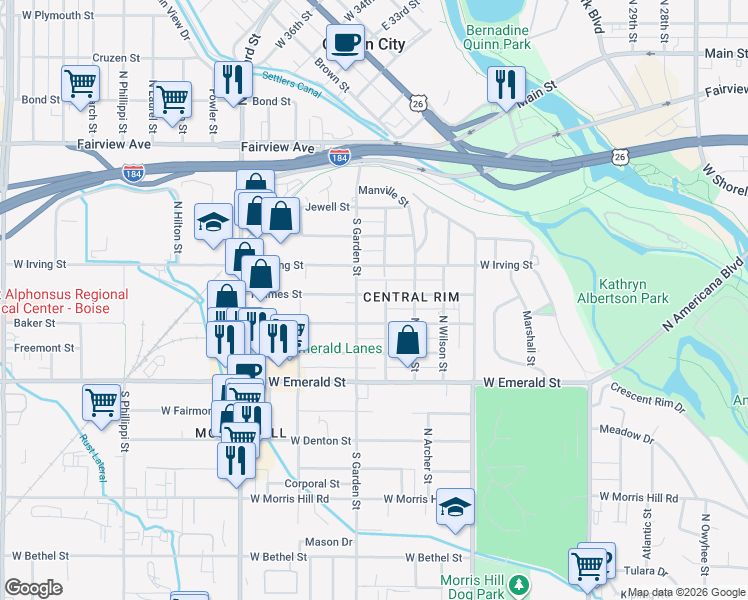 map of restaurants, bars, coffee shops, grocery stores, and more near 4511 Holmes Street in Boise