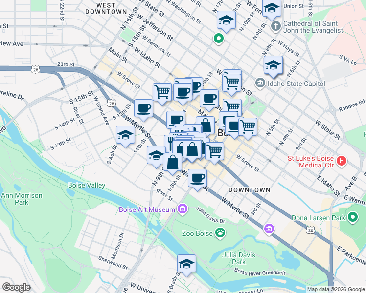 map of restaurants, bars, coffee shops, grocery stores, and more near 398 South 9th Street in Boise